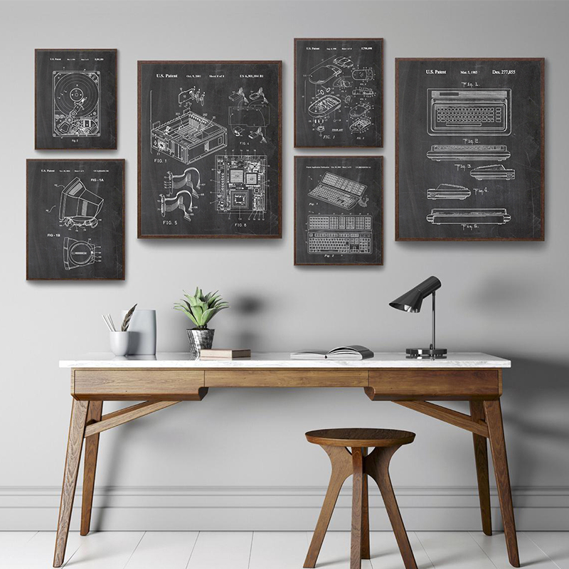 Tech Office Wall Art - 6-delige vintage computerpatent wanddecoratieset, technische blauwdrukken